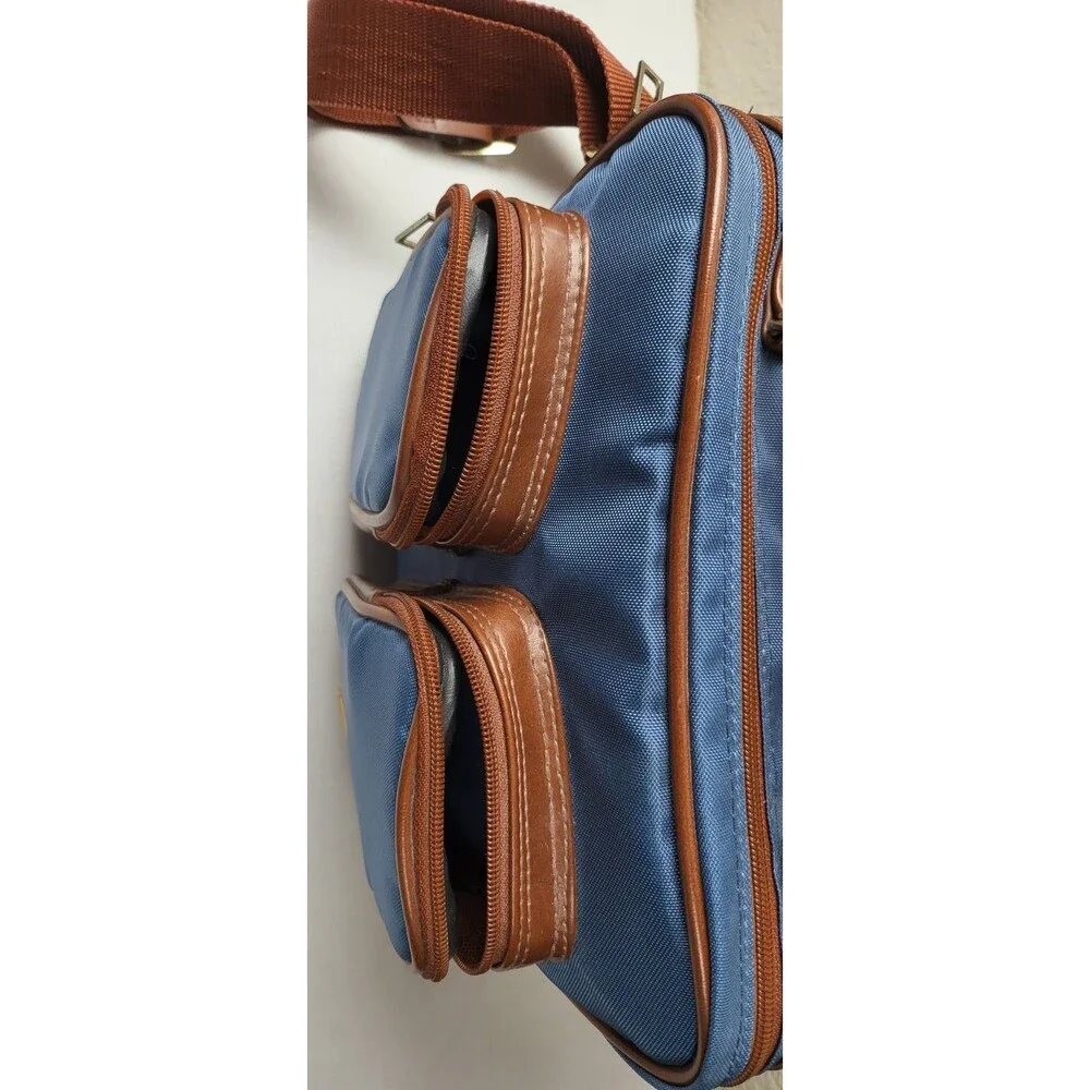 Vtg Albinar Leather/Canvas Camera Bag 4 Zip Pockets Shoulder Strap Blue/Brown